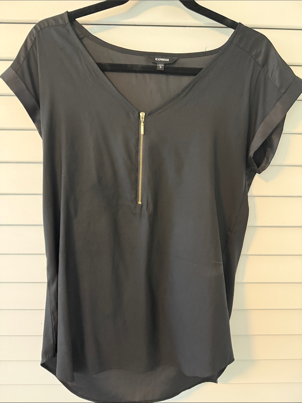 Express Black Short Cuffed-Sleeve V-Neck Quarter Gold Zip Blouse